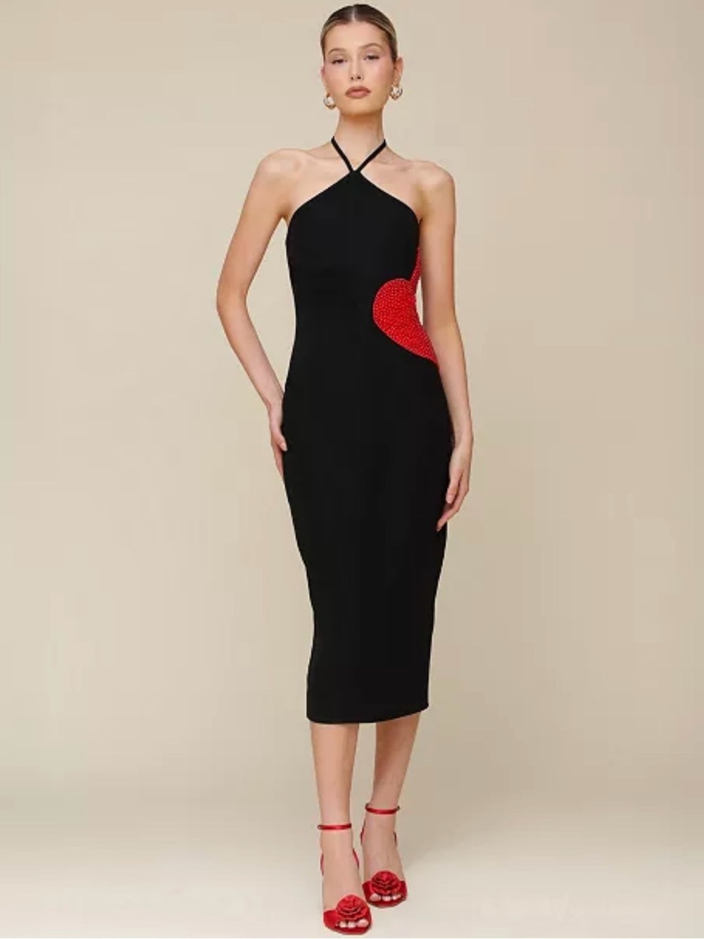 Avec Les Filles- Black Halter Midi Dress with Red Heart Accent